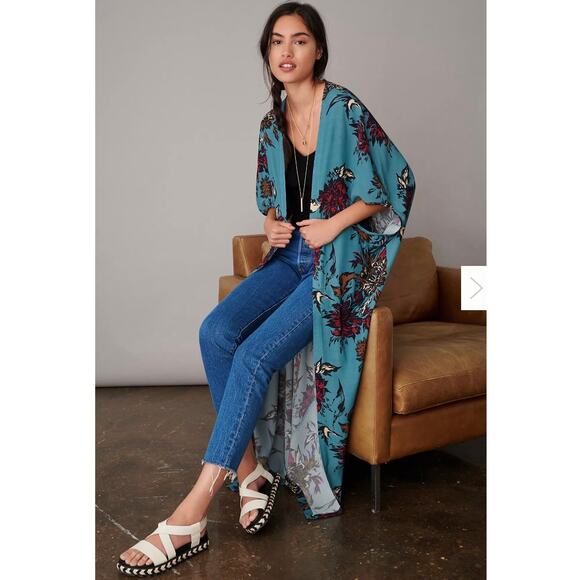 Anthropologie Bel Kazan Blue Floral One Size Short Sleeve Long Duster Kimono - Picture 1 of 9
